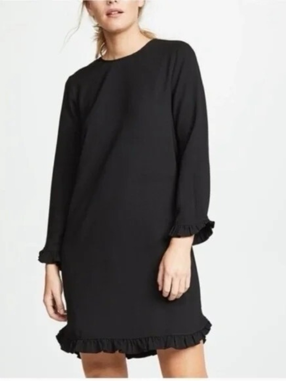Ganni Clark Black Long-Sleeve Mini Dress with Ruffle Hem Shift Dress Size Small - Picture 10 of 10